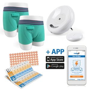 Basispakket met plaswekker, 2 plasbroekjes, app en Stickerposter met de superheld stickers voor de rodger plaswekker