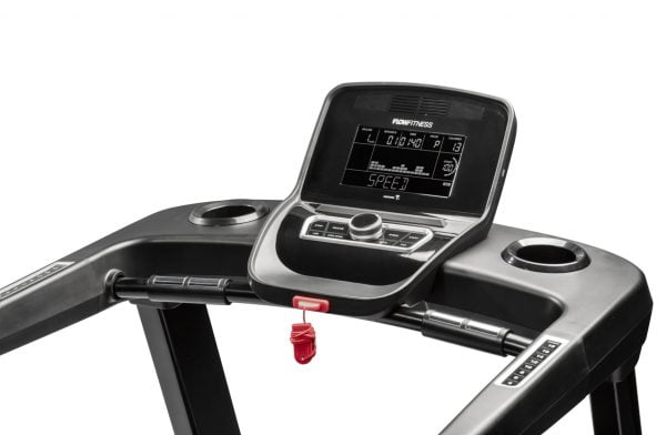Loopband T2i van het merk Flow Fitness geschikt tot 180 kg. Copmuter ingezoomd