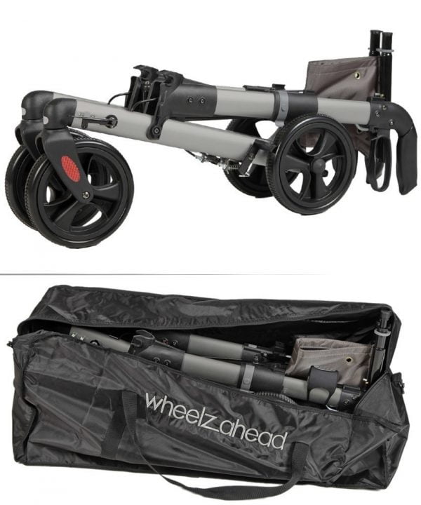 rollator Track 4.0 in de kleur antraciet merk Wheezahead inklapt met tas