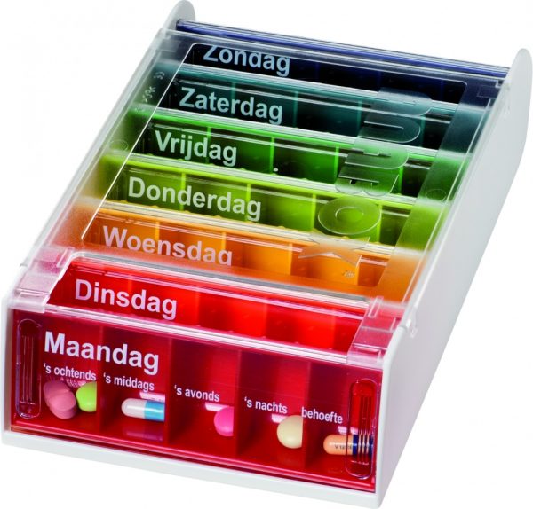 medicijndoos anabox voor 7 dagen in de week en elke dag heeft andere kleur