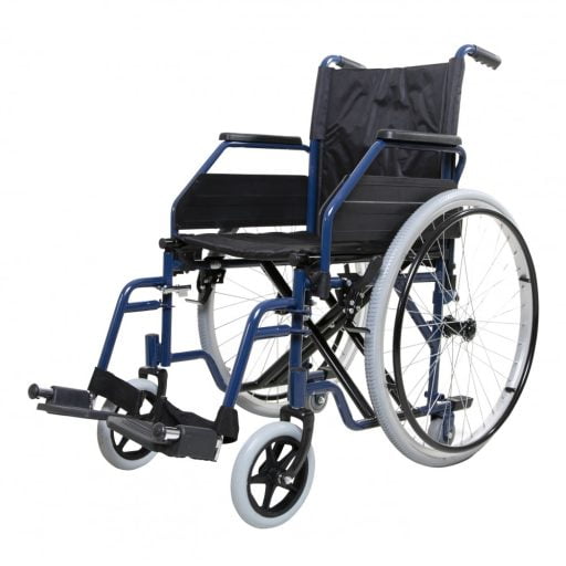 rolstoel_able2_opvouwbaar_thuiszorgwinkel.nl_APR32150-1.jpg De Able2 rolstoel heeft een blauw stalen frame en is voorzien van wegzwenkbare, afneembare voetsteunen en wegzwenkbare armleuningen
