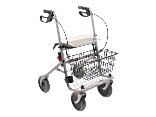 rollator cristallo standaard met mand, dienblad en stokhouder