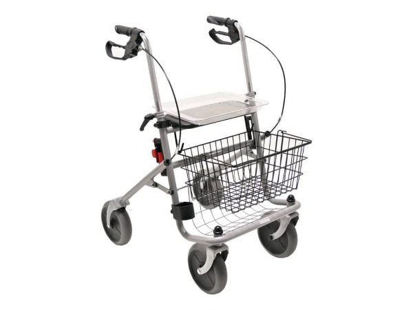 rollator cristallo standaard met mand, dienblad en stokhouder