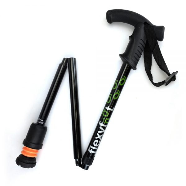 Opvouwbare wandelstok met kruk derby handvat en speciale flexy dop met flexibele onderkant in kleur zwart