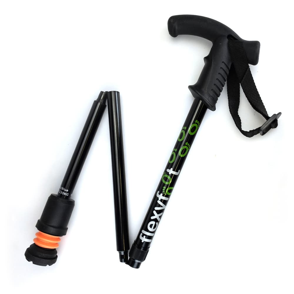 Opvouwbare wandelstok met kruk derby handvat en speciale flexy dop met flexibele onderkant in kleur zwart