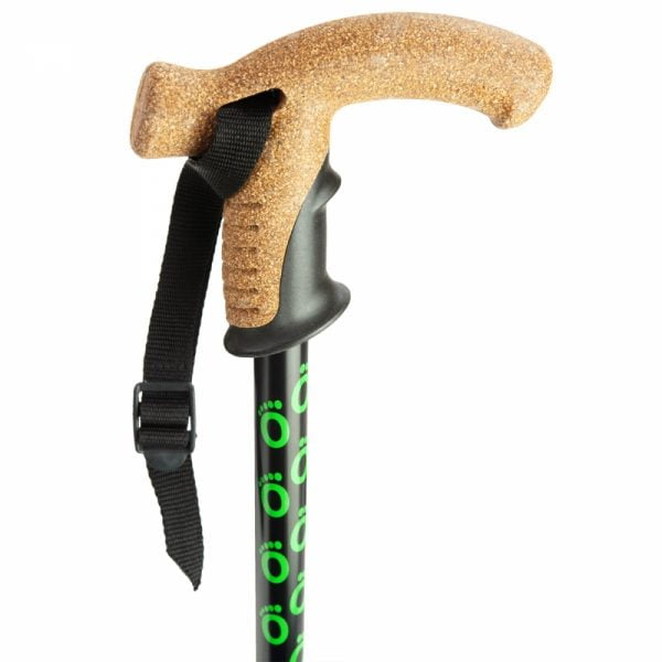 Opvouwbare wandelstok met kruk derby handvat en speciale flexy dop met flexibele onderkant in zwart, handvat ingezoomd