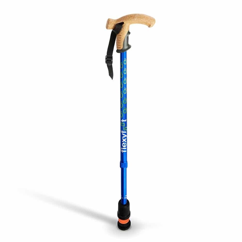 wandelstok met kruk derby handvat en speciale flexy dop met flexibele onderkant in blauw