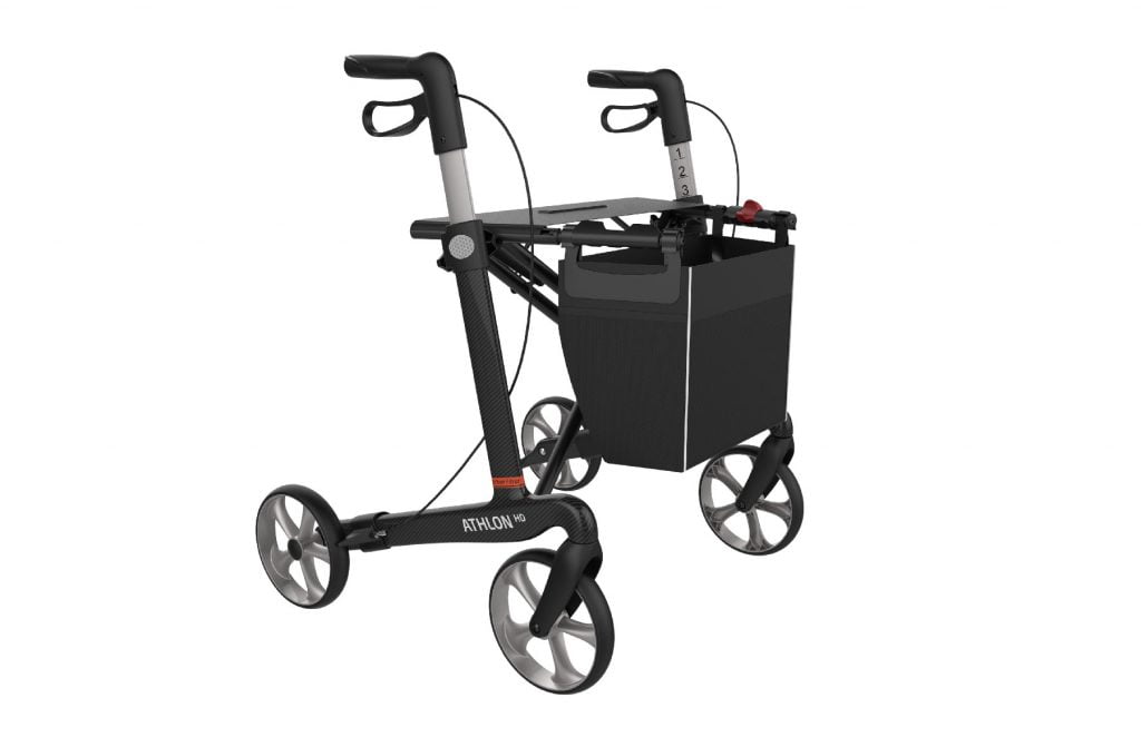 Rehasense rollator XL gemaakt van carbon en weegt slechts 6 kg en kan tot 200 kg gebruikersgewicht aan.