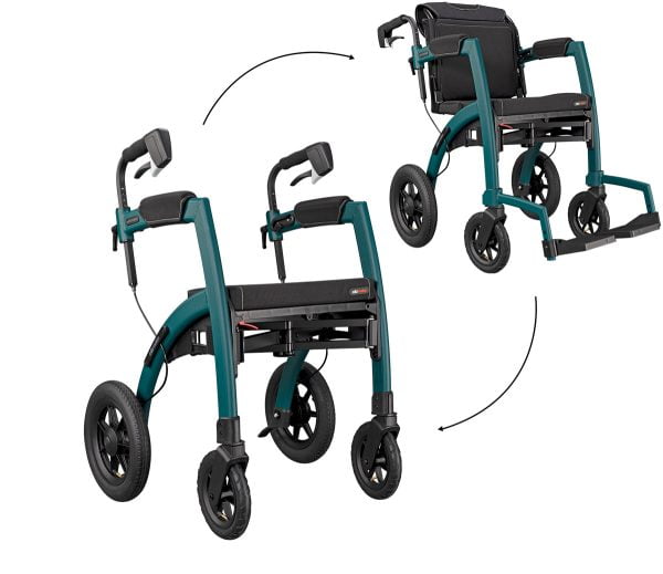 RRollz Motion Performance 2.1 inklapbare rollator & transportrolstoel in één. Met luchtbanden en te verkrijgen in 2 kleuren: Rood en Groen.