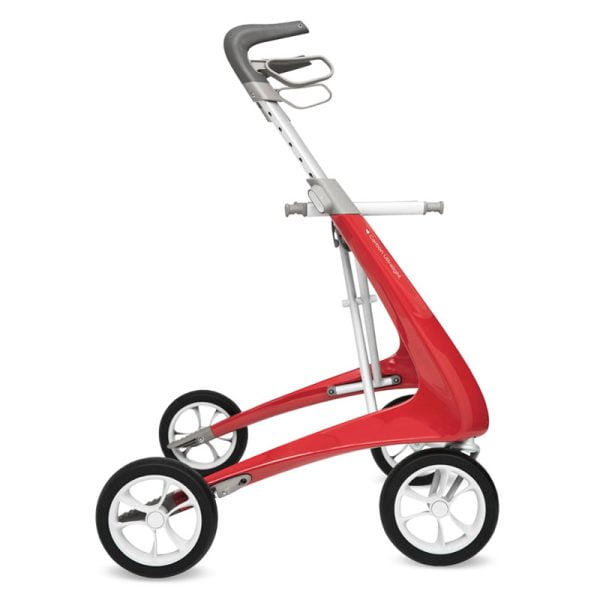 carbonrollator Ultra Light van het merk By Acre in de kleur rood bezien vanaf zijzijde