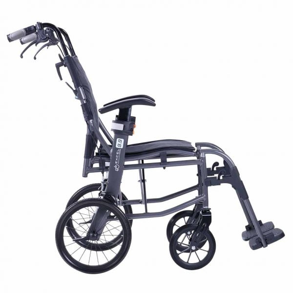 Excel ultra light 9.9 rolstoel in drie kleuren bekeken van de zijzijde in de kleur donkergrijs