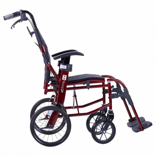 Excel ultra light 9.9 rolstoel in drie kleuren bekeken van de zijzijde in de kleur rood