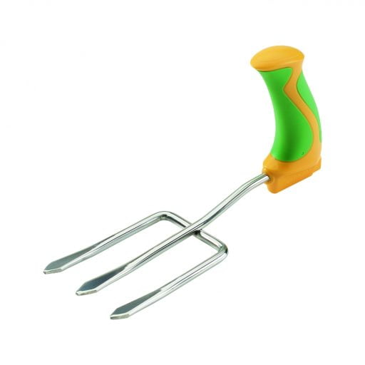 Tuingereedschap met een pistoolvormig handvat waardoor weinig kracht nodig is. Dit is een vork voor losmaken van de grond
