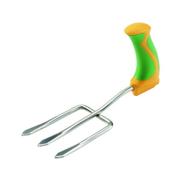 Tuingereedschap met een pistoolvormig handvat waardoor weinig kracht nodig is. Dit is een vork voor losmaken van de grond