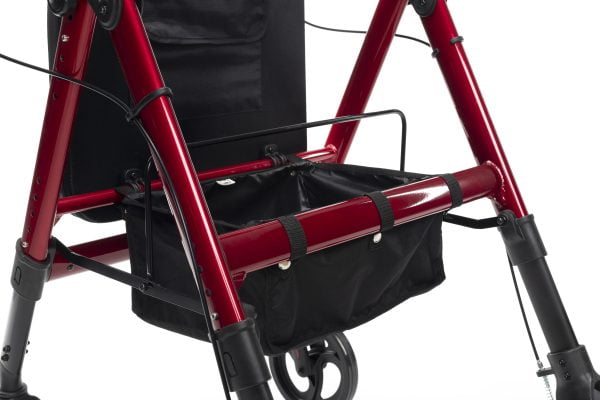 Goliat Atro rollator met armschalen voor gewicht tot 200 kg in de kleur rood in hoogte verstelbare zitting met daaronder een boodschappentas