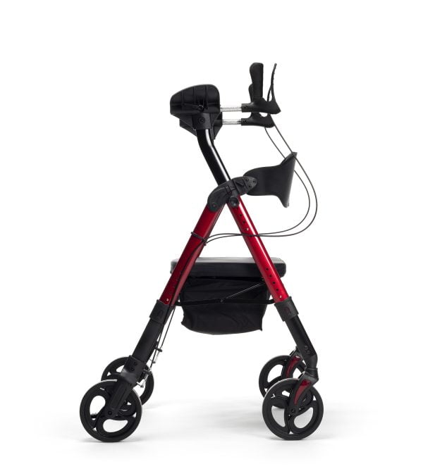 Goliat Atro rollator met armschalen voor gewicht tot 200 kg in de kleur rood bezien van zijzijde