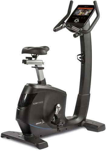 Hometrainer Flow Fitness B5s met groot schermen meerdere apps.