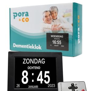 Deze dementieklok is speciaal ontworpen om in één oogopslag belangrijke informatie weer te geven, zoals de tijd, de dag, welk dagdeel het is en de datum.