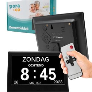 Deze dementieklok is speciaal ontworpen om in één oogopslag belangrijke informatie weer te geven, zoals de tijd, de dag, welk dagdeel het is en de datum.