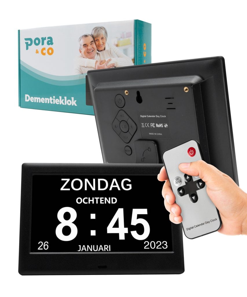 Deze dementieklok is speciaal ontworpen om in één oogopslag belangrijke informatie weer te geven, zoals de tijd, de dag, welk dagdeel het is en de datum.