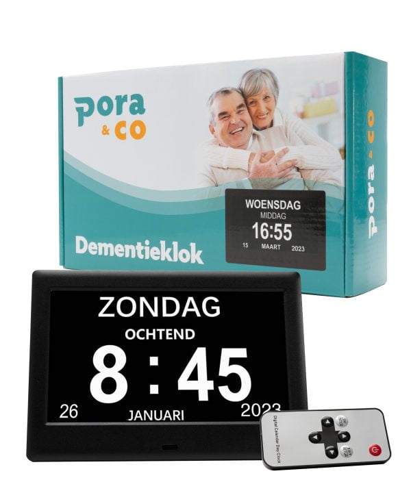 Deze dementieklok is speciaal ontworpen om in één oogopslag belangrijke informatie weer te geven, zoals de tijd, de dag, welk dagdeel het is en de datum.