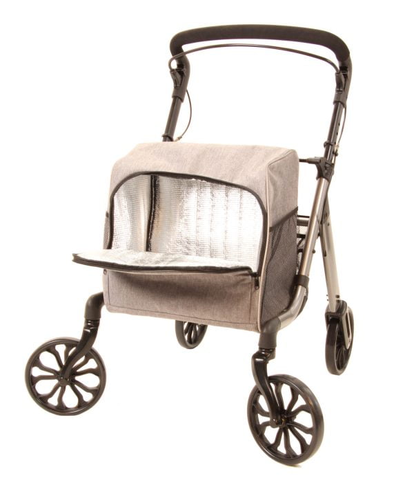 Rollator met koeltas en nettas waar u voor 10 kg in kunt vervoeren. Bezien van de voorzijde met opening koeltas