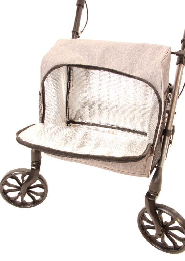 Rollator met koeltas en nettas waar u voor 10 kg in kunt vervoeren. Bezien van de voorzijde met opening koeltas