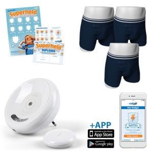 Rodger plaswekkerpakket met alarmering en 3 plasbroekjes, de app en een Superheld poster met stickervel