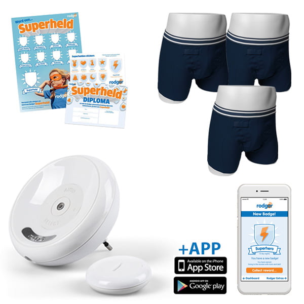 Rodger plaswekkerpakket met alarmering en 3 plasbroekjes, de app en een Superheld poster met stickervel