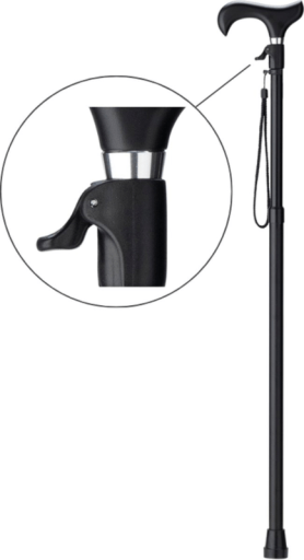 Wandelstok met drukknopverstelling zodat u deze met 1 handige knop op de juiste hoogte instelt.