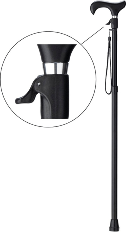 Wandelstok met drukknopverstelling zodat u deze met 1 handige knop op de juiste hoogte instelt.