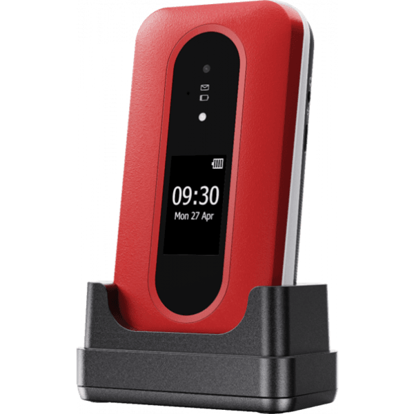 Doro leva L30 in de kleur rood-wit met extern scherm en bureauoplader.