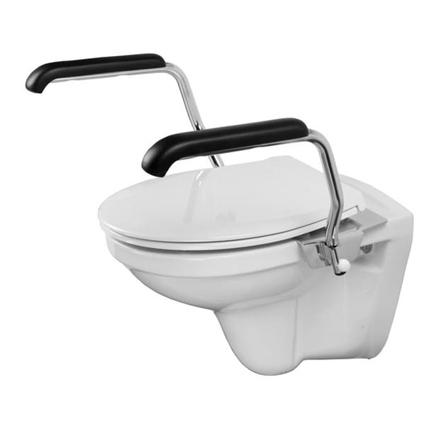 Toiletbeugelset met armleuningen, compleet met wc bril en deksel. Te verkrijgen in RVS of Wit.