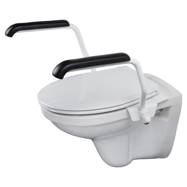 Toiletbeugelset met armleuningen, compleet met wc bril en deksel. Te verkrijgen in RVS of Wit.